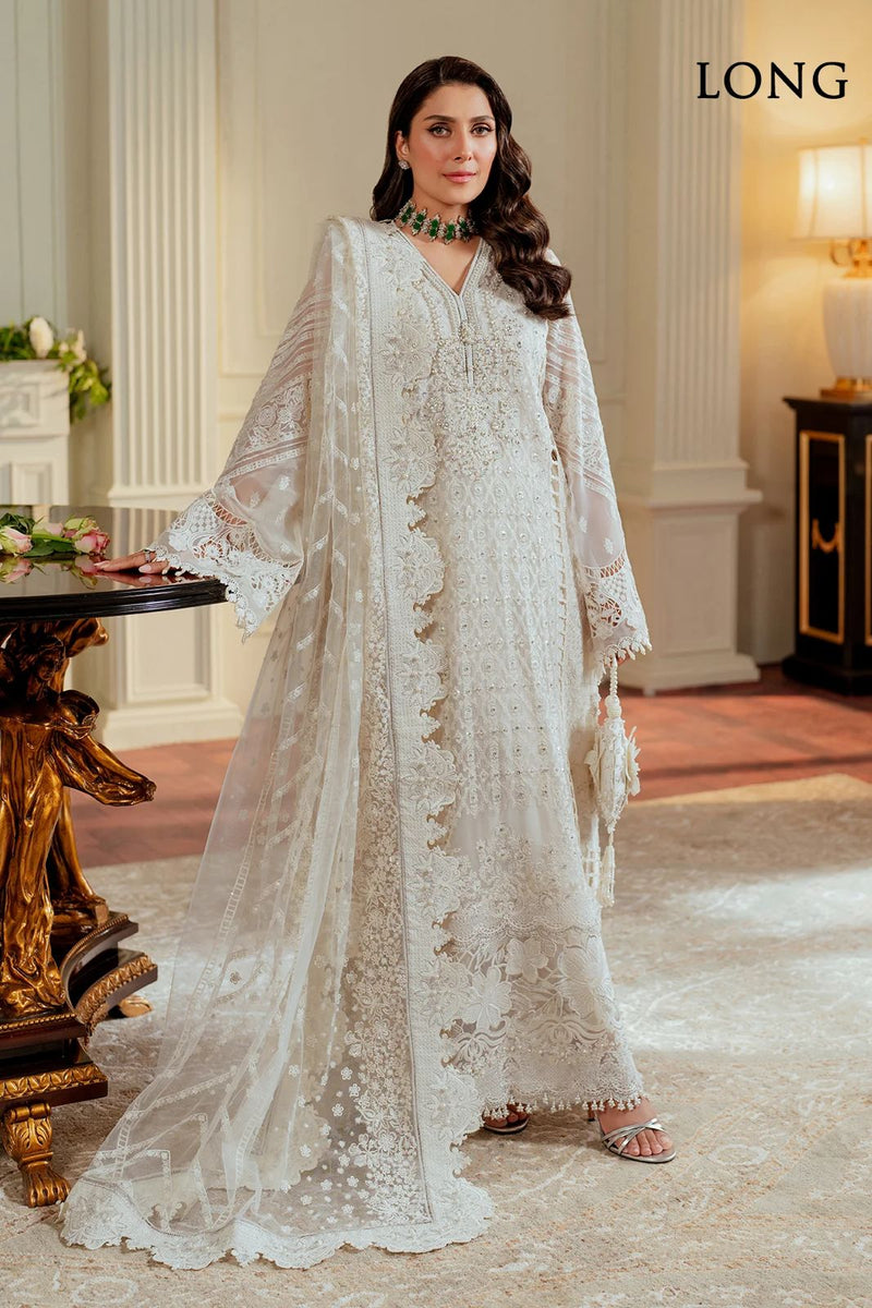 Luxury White Embroidered Long Dress with Net Dupatta