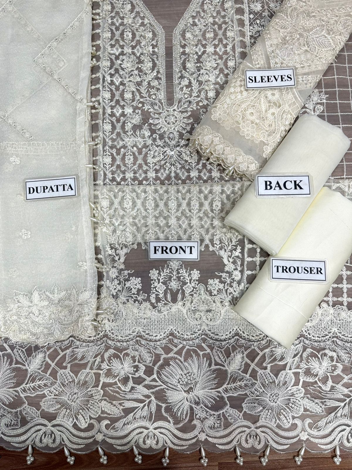 Luxury White Embroidered Long Dress with Net Dupatta