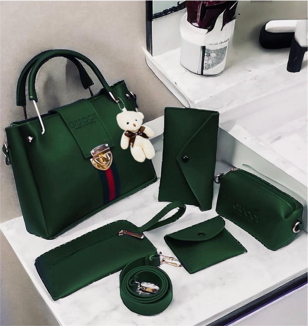 Luxury green  Handbag Set with Teddy Keychain – Premium 6-Piece Combo