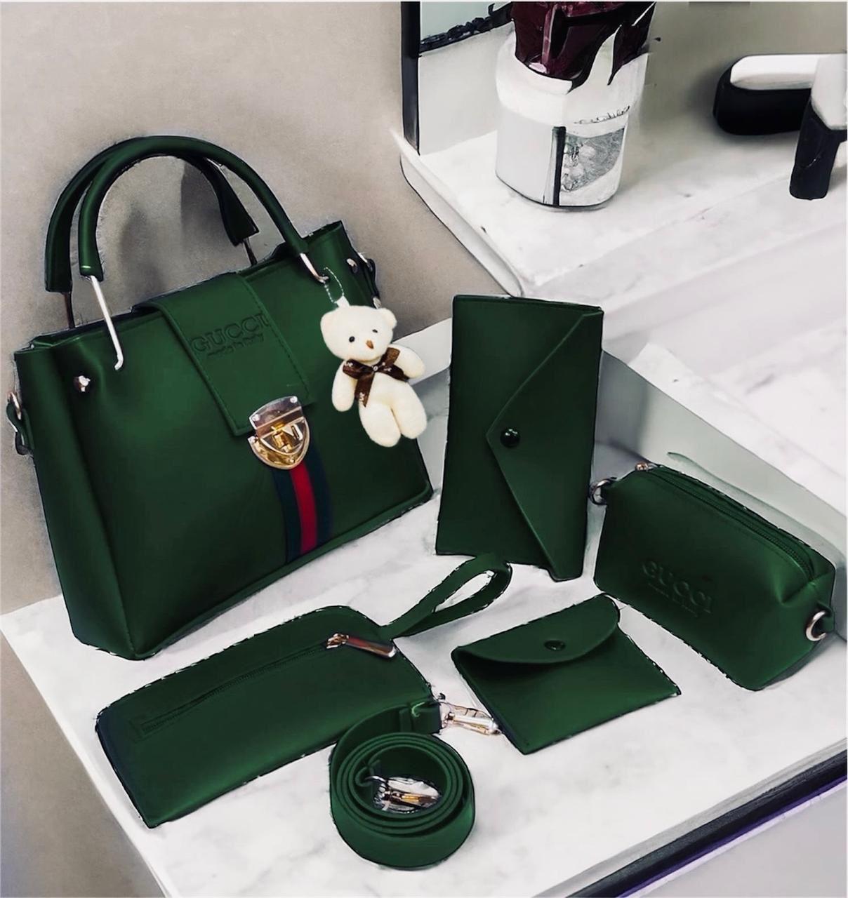 Luxury green  Handbag Set with Teddy Keychain – Premium 6-Piece Combo